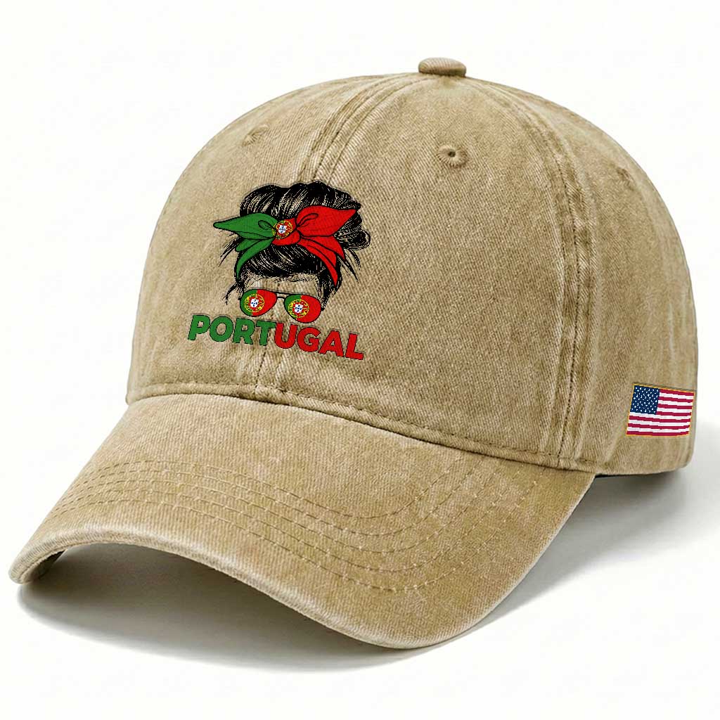 Portugal Messy Bun Girl Pride Portuguese Roots Washed Cotton Baseball Cap