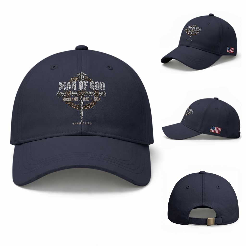 Man Of God Husband Dad Son Charlie Kirk Baseball Cap Vintage Christian Cross TS11 Baseball Cap Universal Fit Navy Print Your Wear