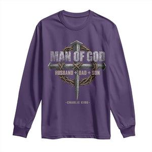 Man Of God Husband Dad Son Charlie Kirk Long Sleeve Shirt Vintage Christian Cross TS11 Purple Print Your Wear