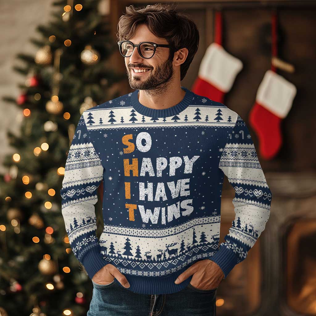 Shit So I Have Twins Ugly Christmas Sweater Funny Twin Dad Twin Mom TS11 Navy Beige Print Your Wear