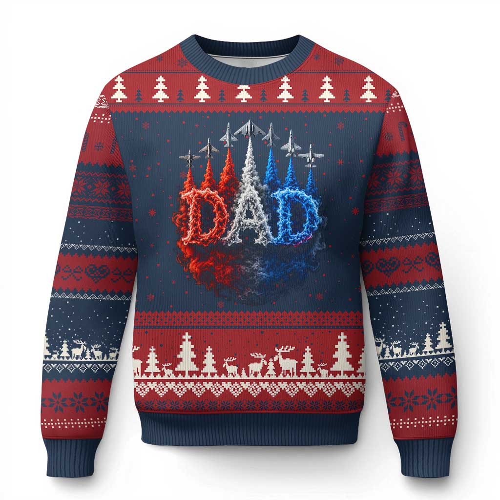 Patriotic Dad Jet Fighter American Flag 4th of July Ugly Christmas Sweater TS11 Navy Red Print Your Wear