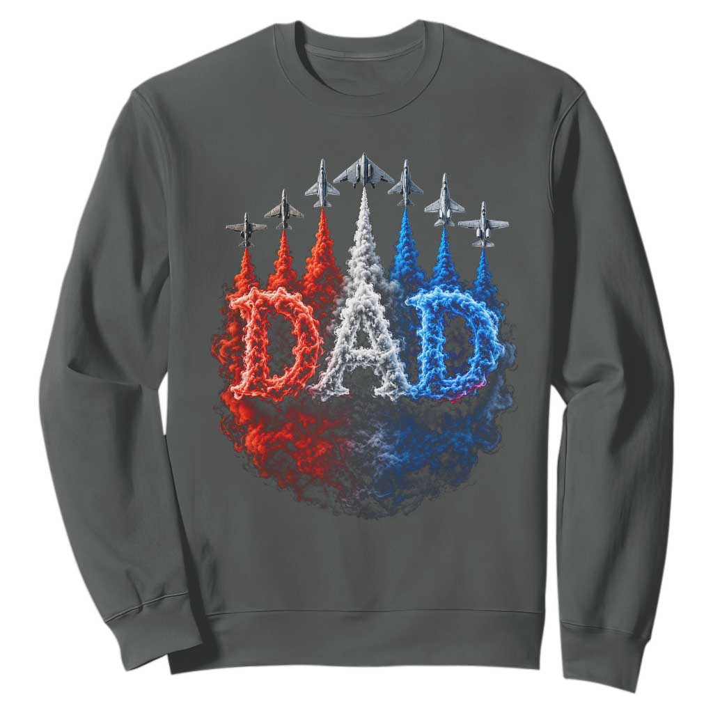 Patriotic Dad Jet Fighter American Flag 4th of July Sweatshirt TS11 Dark Heather Print Your Wear