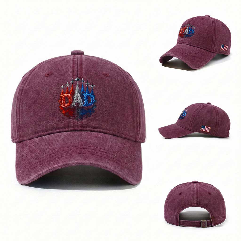 Patriotic Dad Jet Fighter American Flag 4th of July Washed Cotton Baseball Cap TS11 Washed Cap Universal Fit Burgundy Print Your Wear