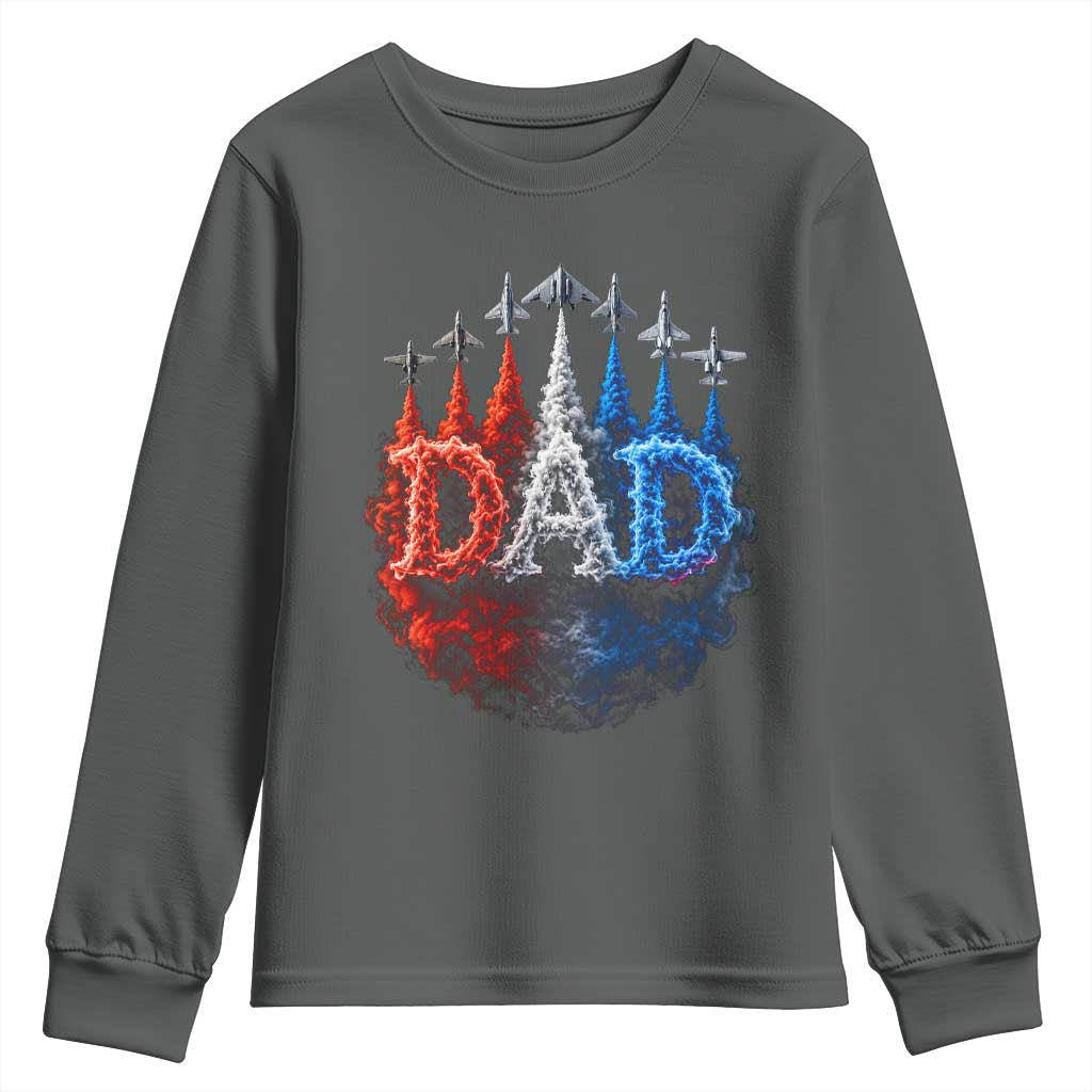 Patriotic Dad Jet Fighter American Flag 4th of July Youth Sweatshirt TS11 Dark Heather Print Your Wear