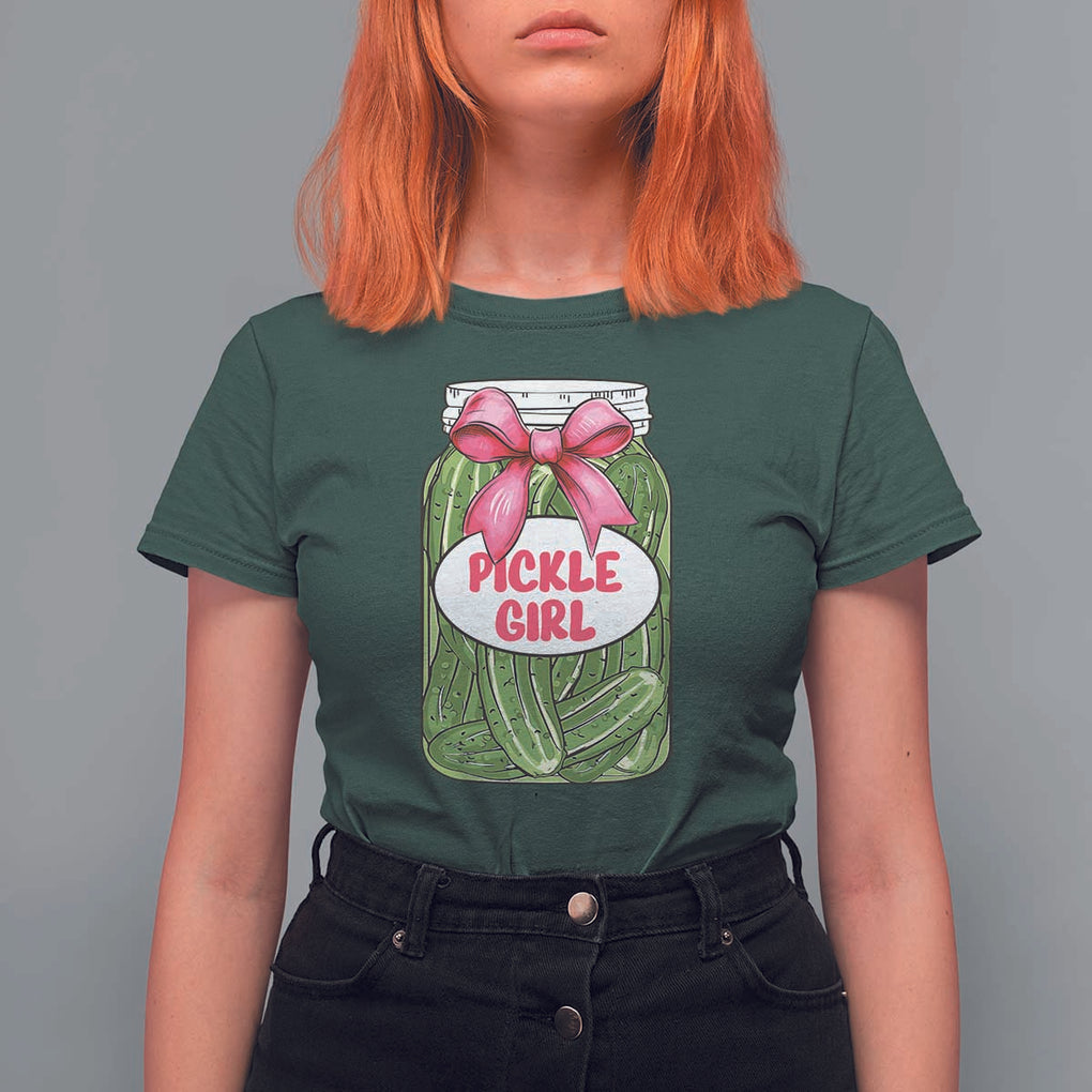 Funny Pickle Girl T Shirt For Women Canned Dill Cucumber Pink Bow Coquette TS11 Dark Forest Green Print Your Wear