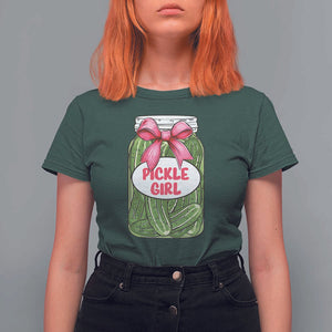 Funny Pickle Girl T Shirt For Women Canned Dill Cucumber Pink Bow Coquette TS11 Dark Forest Green Print Your Wear