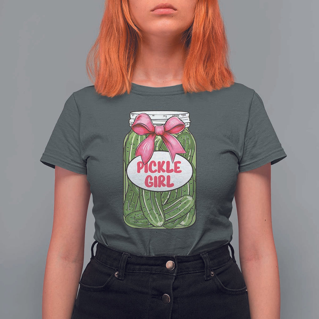 Funny Pickle Girl T Shirt For Women Canned Dill Cucumber Pink Bow Coquette TS11 Dark Heather Print Your Wear