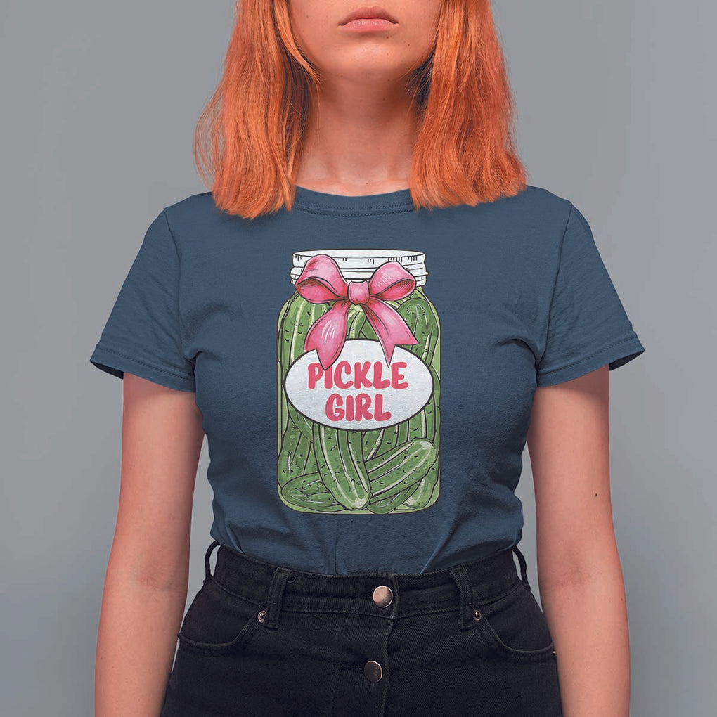 Funny Pickle Girl T Shirt For Women Canned Dill Cucumber Pink Bow Coquette TS11 Navy Print Your Wear