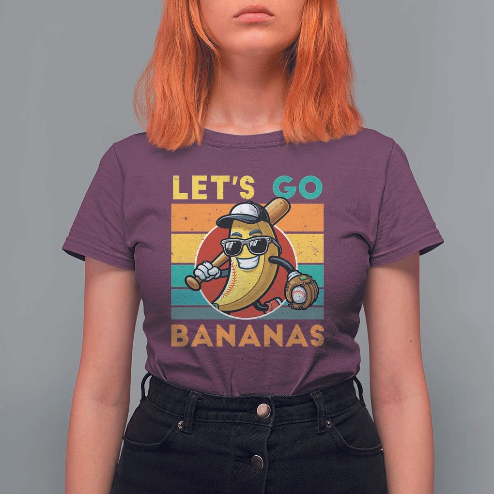 Funny Baseball T Shirt For Women Let's Go Bananas Bat Ball Sport TS11 Maroon Print Your Wear
