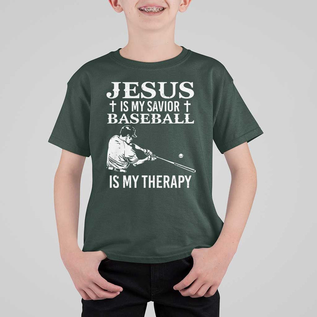 Jesus Is My Savior Baseball Is My Therapy T Shirt For Kid Funny Christian Sports Lover Player TS11 Dark Forest Green Print Your Wear