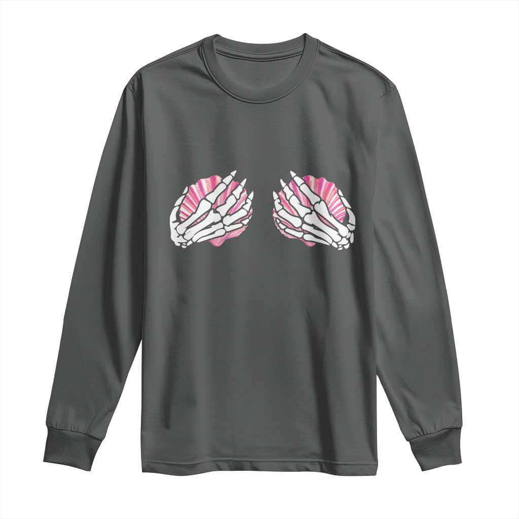 Funny Skeleton Hands Seashell Bikini Halloween Beach Long Sleeve Shirt TS11 Dark Heather Print Your Wear