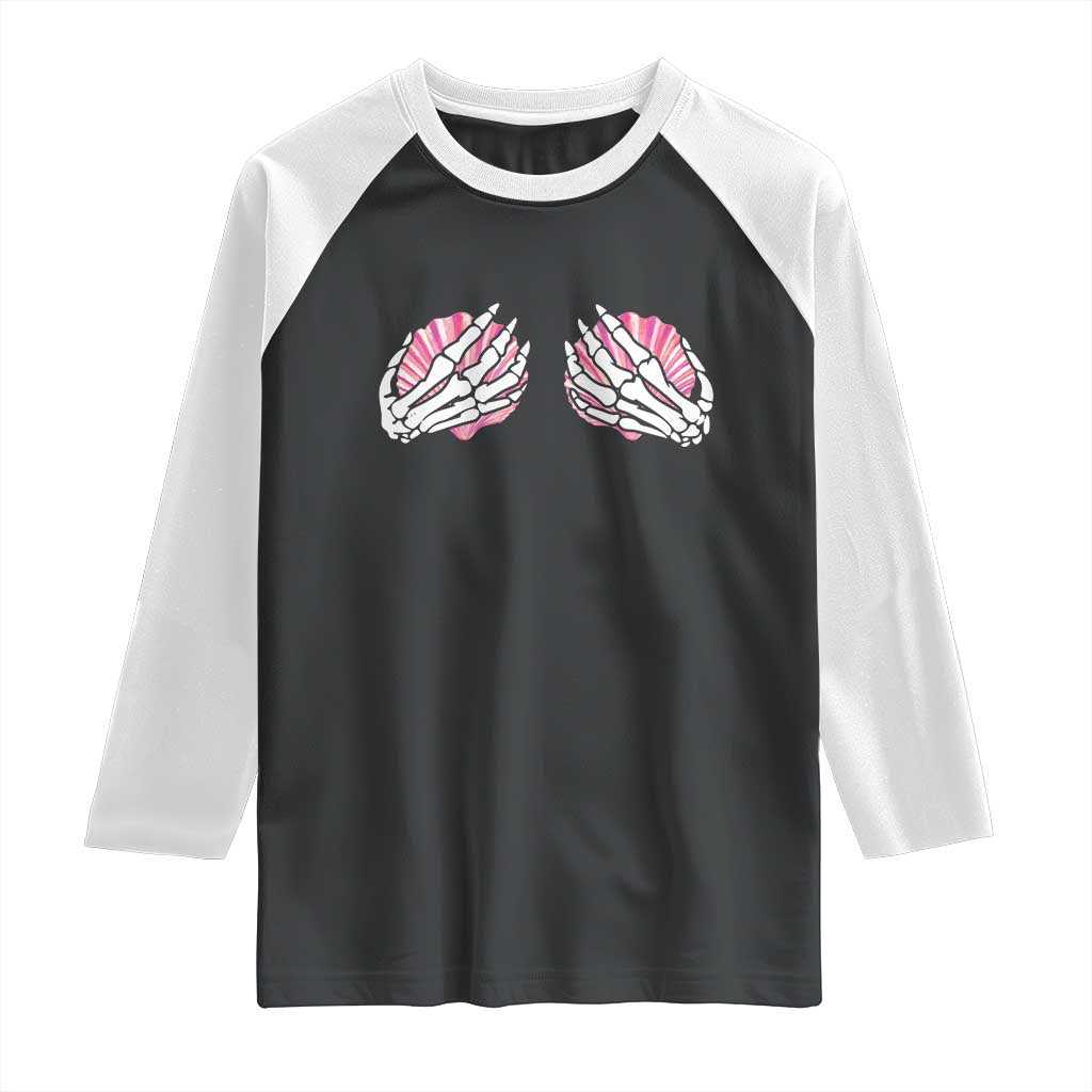 Funny Skeleton Hands Seashell Bikini Halloween Beach Raglan Shirt TS11 Black White Print Your Wear