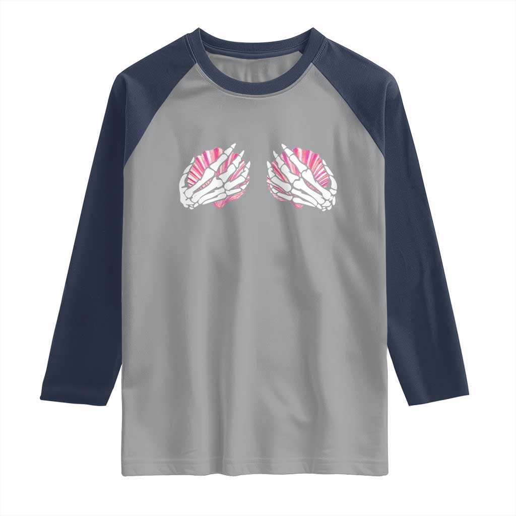 Funny Skeleton Hands Seashell Bikini Halloween Beach Raglan Shirt TS11 Sport Gray Navy Print Your Wear