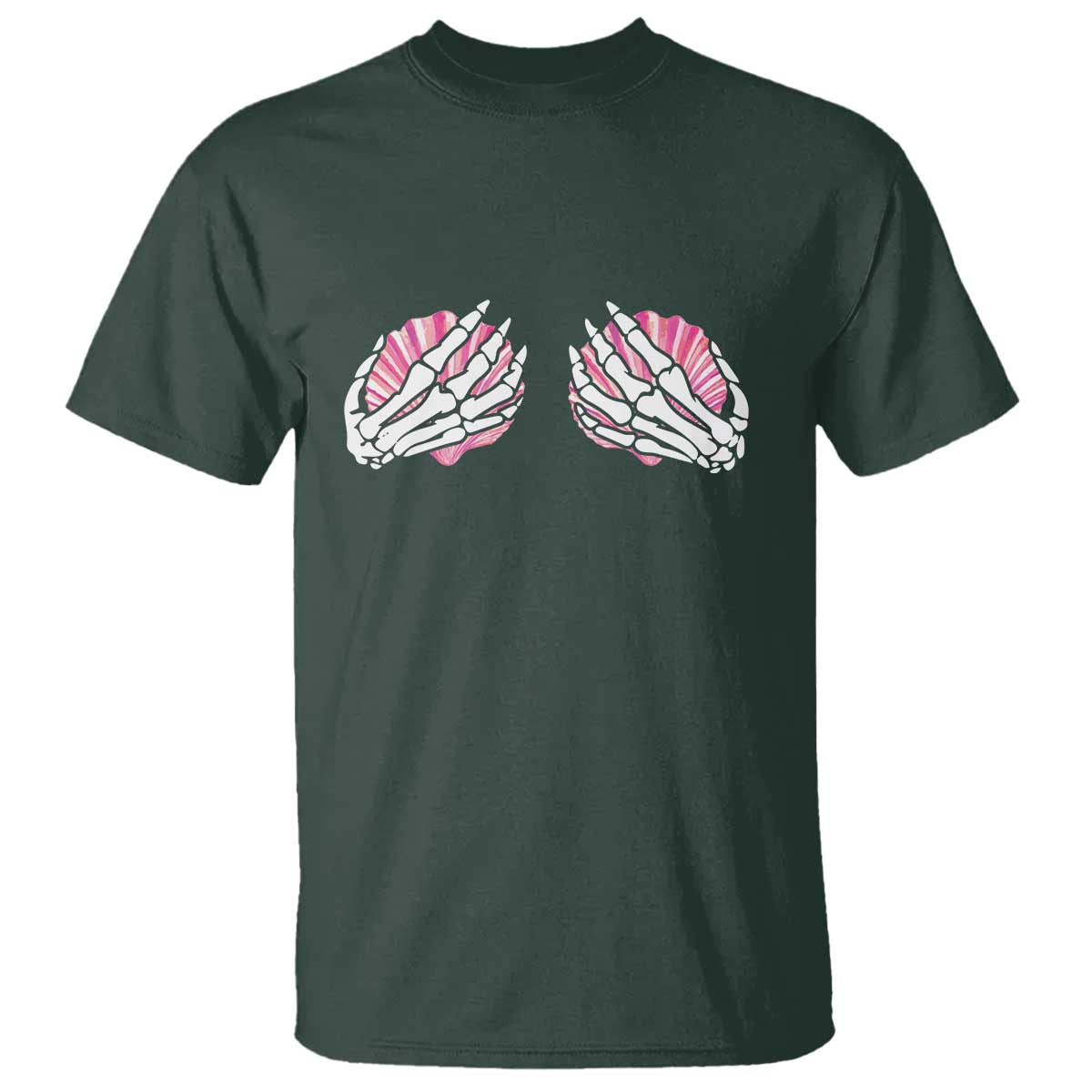 Funny Skeleton Hands Seashell Bikini Halloween Beach T Shirt TS11 Dark Forest Green Print Your Wear