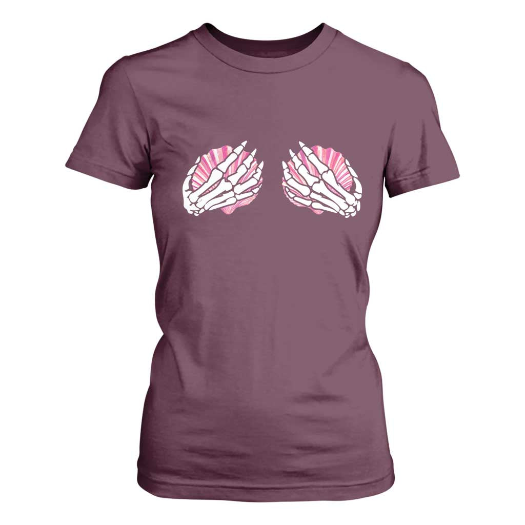 Funny Skeleton Hands Seashell Bikini Halloween Beach T Shirt For Women TS11 Maroon Print Your Wear
