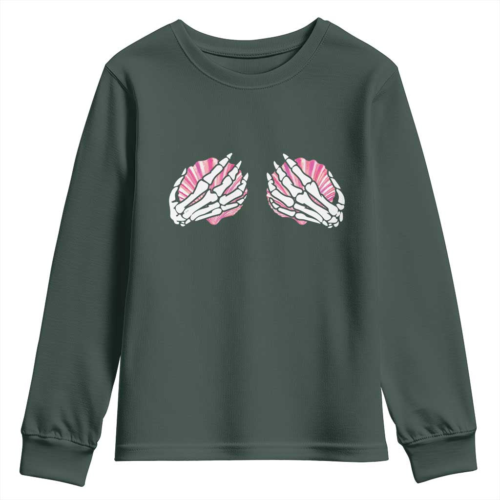 Funny Skeleton Hands Seashell Bikini Halloween Beach Youth Sweatshirt TS11 Dark Forest Green Print Your Wear