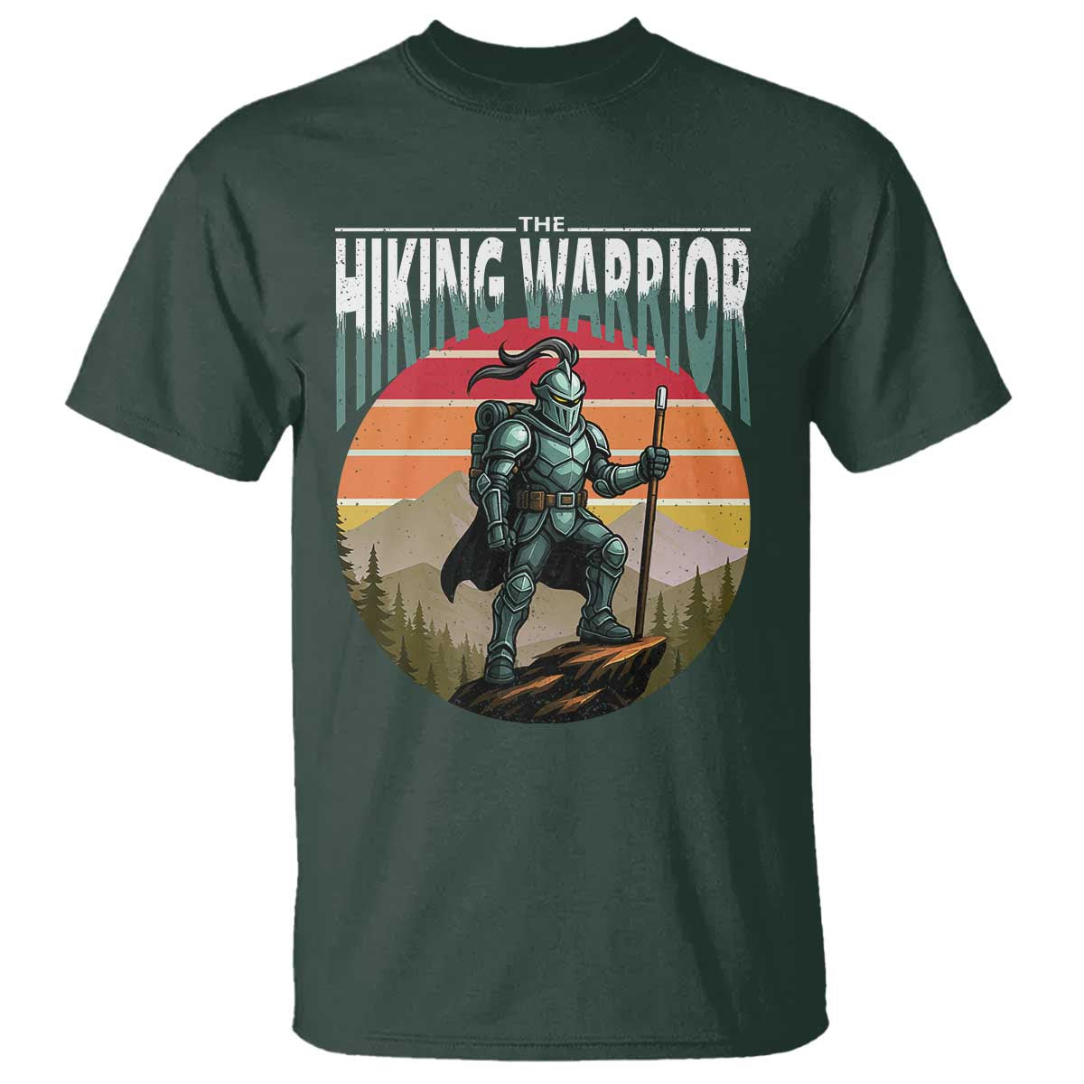 Funny Mountain Hikers T Shirt The Hiking Warrior Retro Forest Sunset TS11 Dark Forest Green Print Your Wear