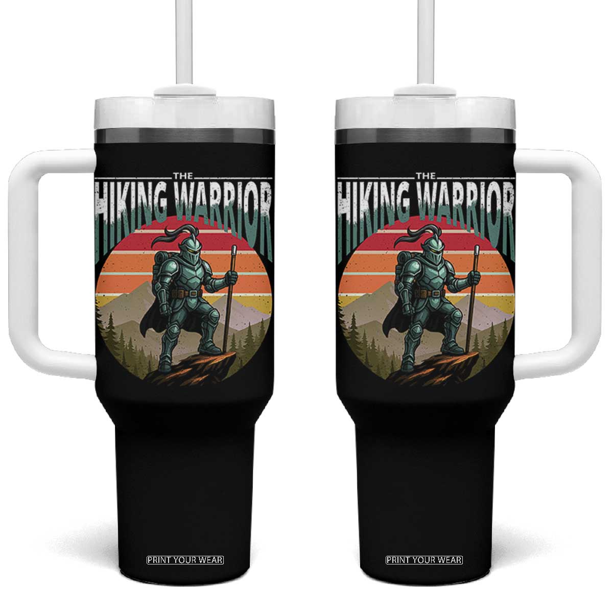 Funny Mountain Hikers Tumbler With Handle The Hiking Warrior Retro Forest Sunset TS11 One Size: 40 oz Black Print Your Wear