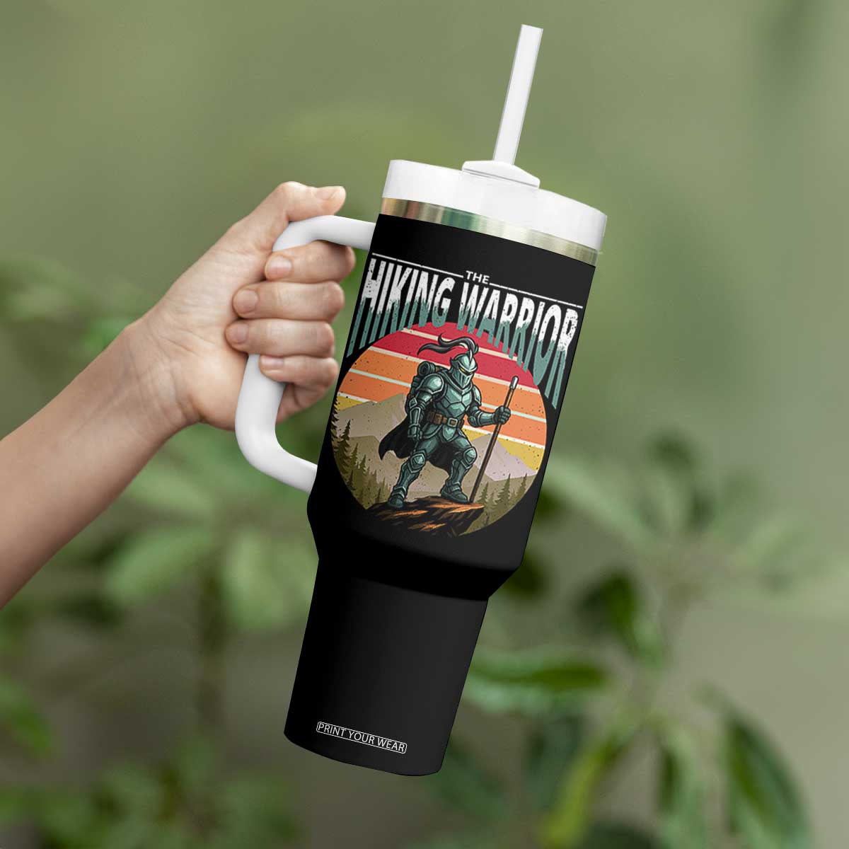 Funny Mountain Hikers Tumbler With Handle The Hiking Warrior Retro Forest Sunset TS11 Print Your Wear
