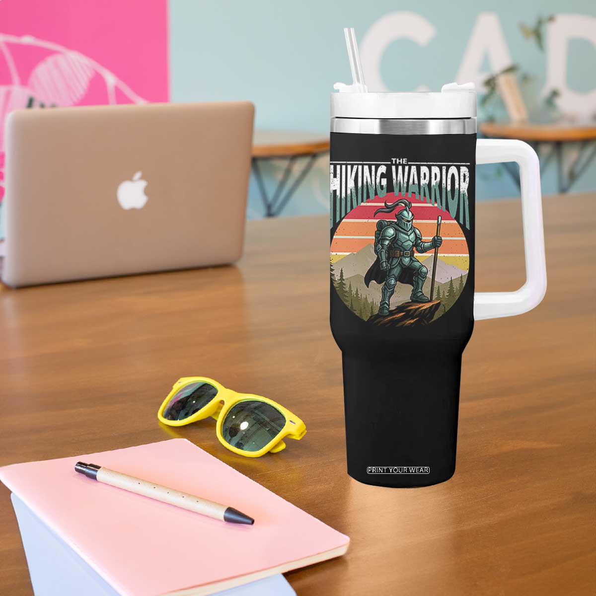 Funny Mountain Hikers Tumbler With Handle The Hiking Warrior Retro Forest Sunset TS11 Print Your Wear