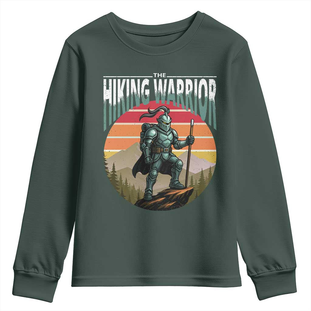 Funny Mountain Hikers Youth Sweatshirt The Hiking Warrior Retro Forest Sunset TS11 Dark Forest Green Print Your Wear