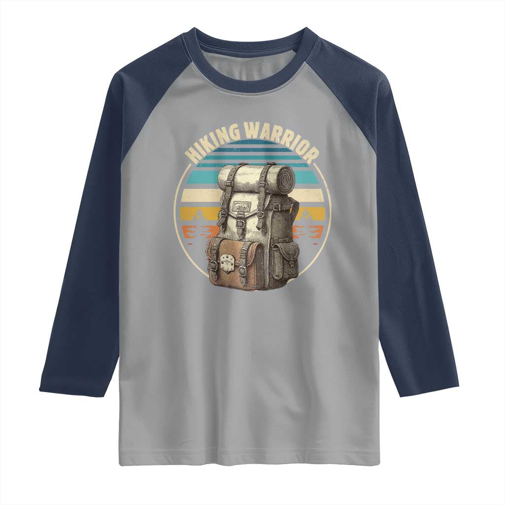 Funny Hiking Warrior Retro Backpack Nature Adventure Raglan Shirt TS11 Sport Gray Navy Print Your Wear