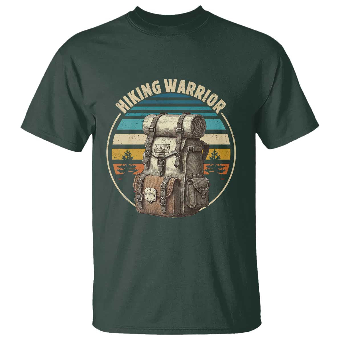Funny Hiking Warrior Retro Backpack Nature Adventure T Shirt TS11 Dark Forest Green Print Your Wear