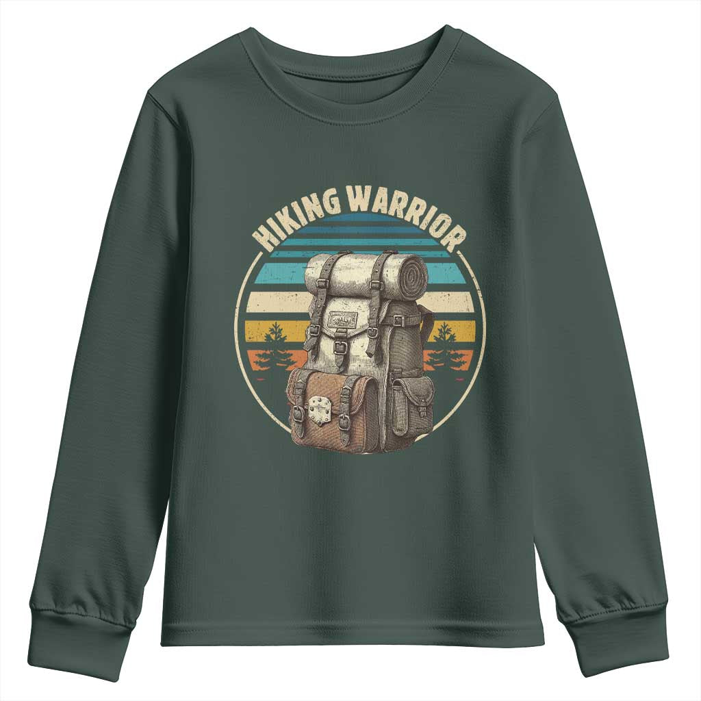 Funny Hiking Warrior Retro Backpack Nature Adventure Youth Sweatshirt TS11 Dark Forest Green Print Your Wear