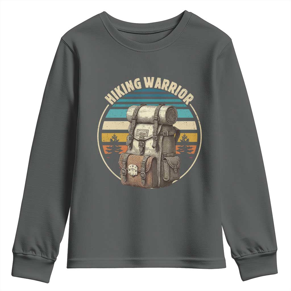 Funny Hiking Warrior Retro Backpack Nature Adventure Youth Sweatshirt TS11 Dark Heather Print Your Wear