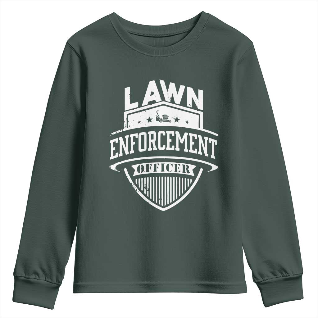 Funny The Lawn Enforcement Officer Youth Sweatshirt Gardening Lawn Mower Father's Day TS11 Dark Forest Green Print Your Wear