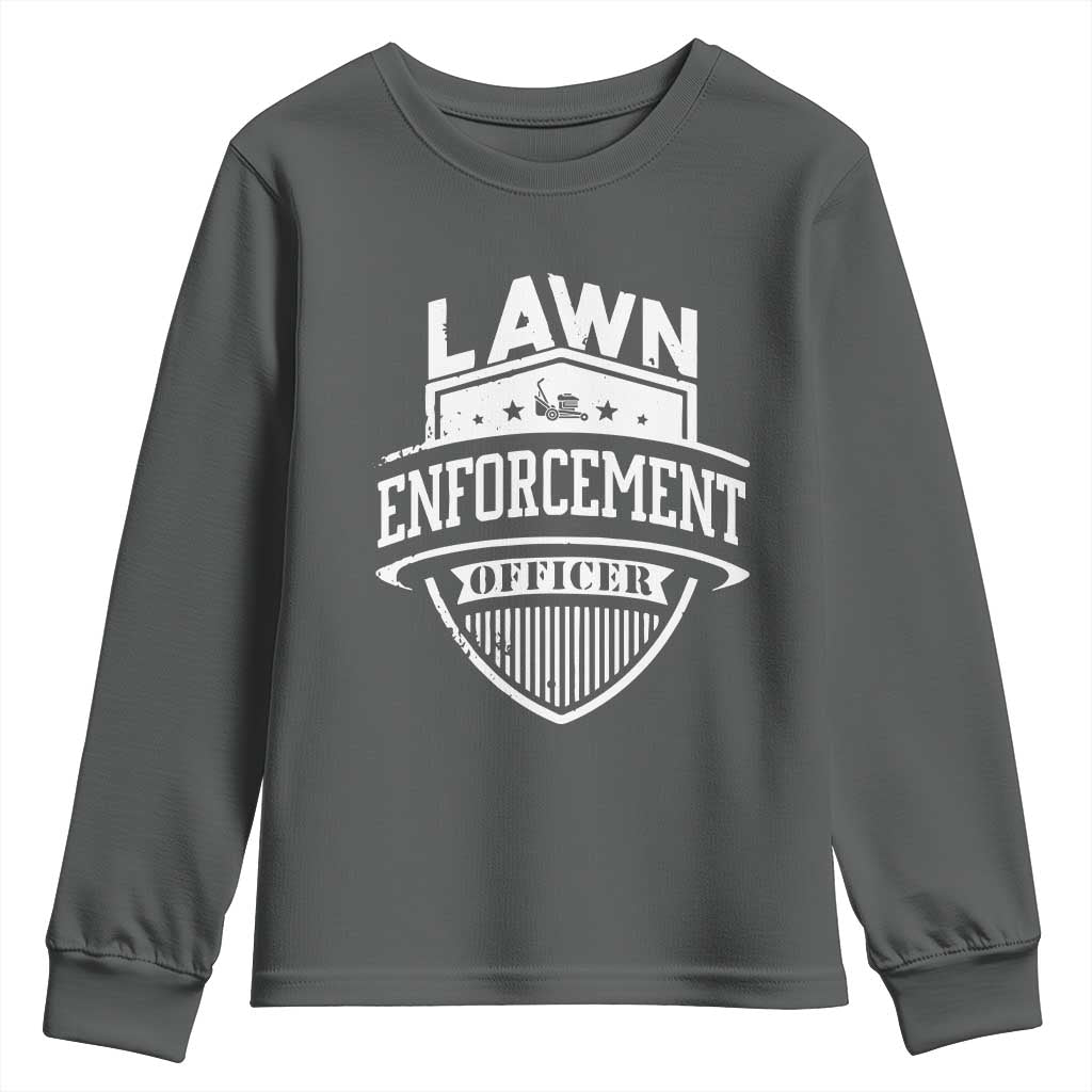 Funny The Lawn Enforcement Officer Youth Sweatshirt Gardening Lawn Mower Father's Day TS11 Dark Heather Print Your Wear