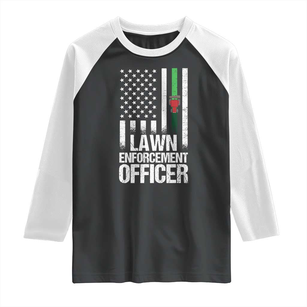 Funny Lawn Enforcement Officer Raglan Shirt Gardening Lawn Mower American Flag TS11 Black White Print Your Wear