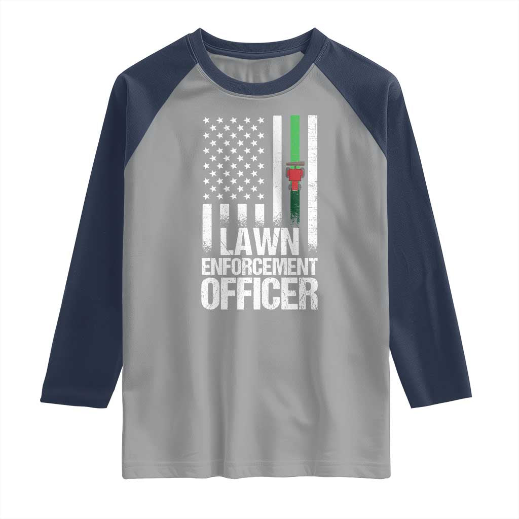 Funny Lawn Enforcement Officer Raglan Shirt Gardening Lawn Mower American Flag TS11 Sport Gray Navy Print Your Wear