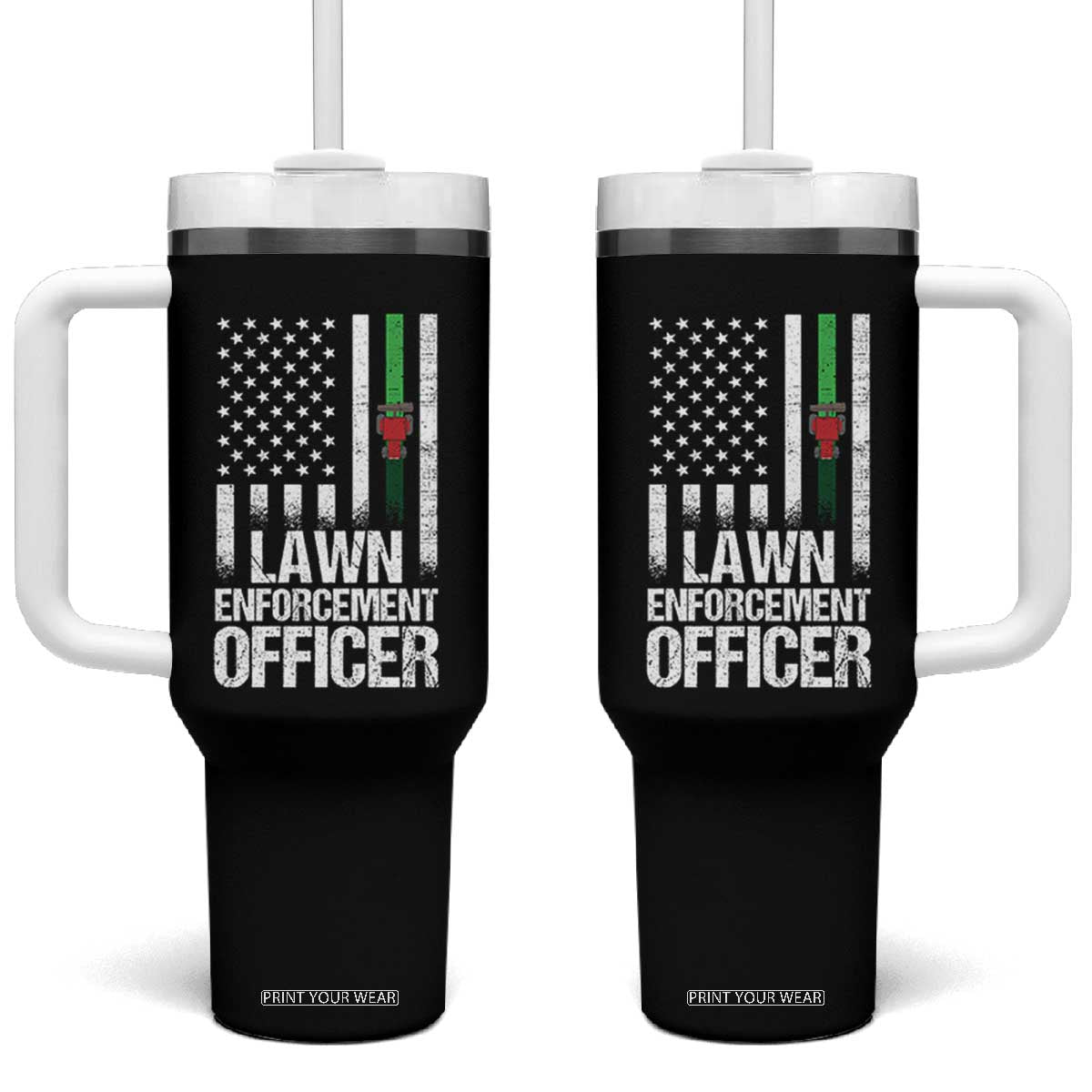 Funny Lawn Enforcement Officer Tumbler With Handle Gardening Lawn Mower American Flag TS11 One Size: 40 oz Black Print Your Wear