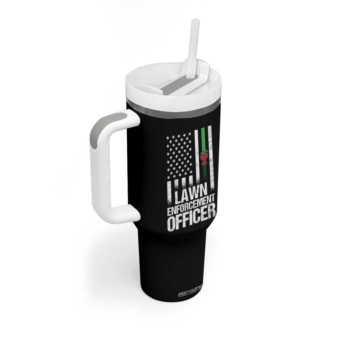 Funny Lawn Enforcement Officer Tumbler With Handle Gardening Lawn Mower American Flag TS11 Print Your Wear