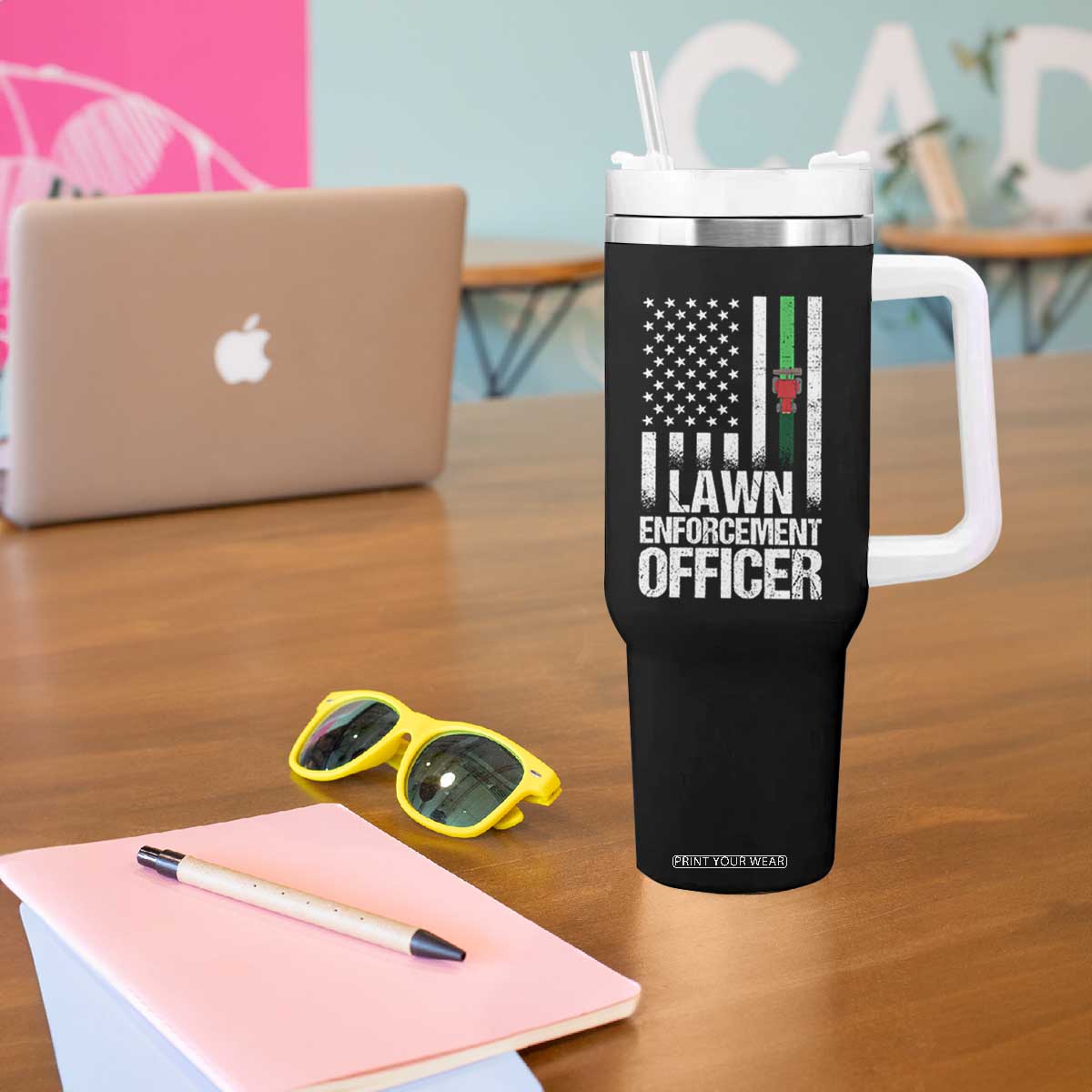 Funny Lawn Enforcement Officer Tumbler With Handle Gardening Lawn Mower American Flag TS11 Print Your Wear