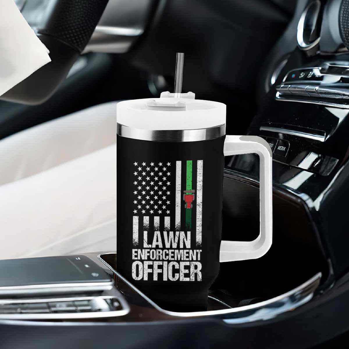 Funny Lawn Enforcement Officer Tumbler With Handle Gardening Lawn Mower American Flag TS11 Print Your Wear