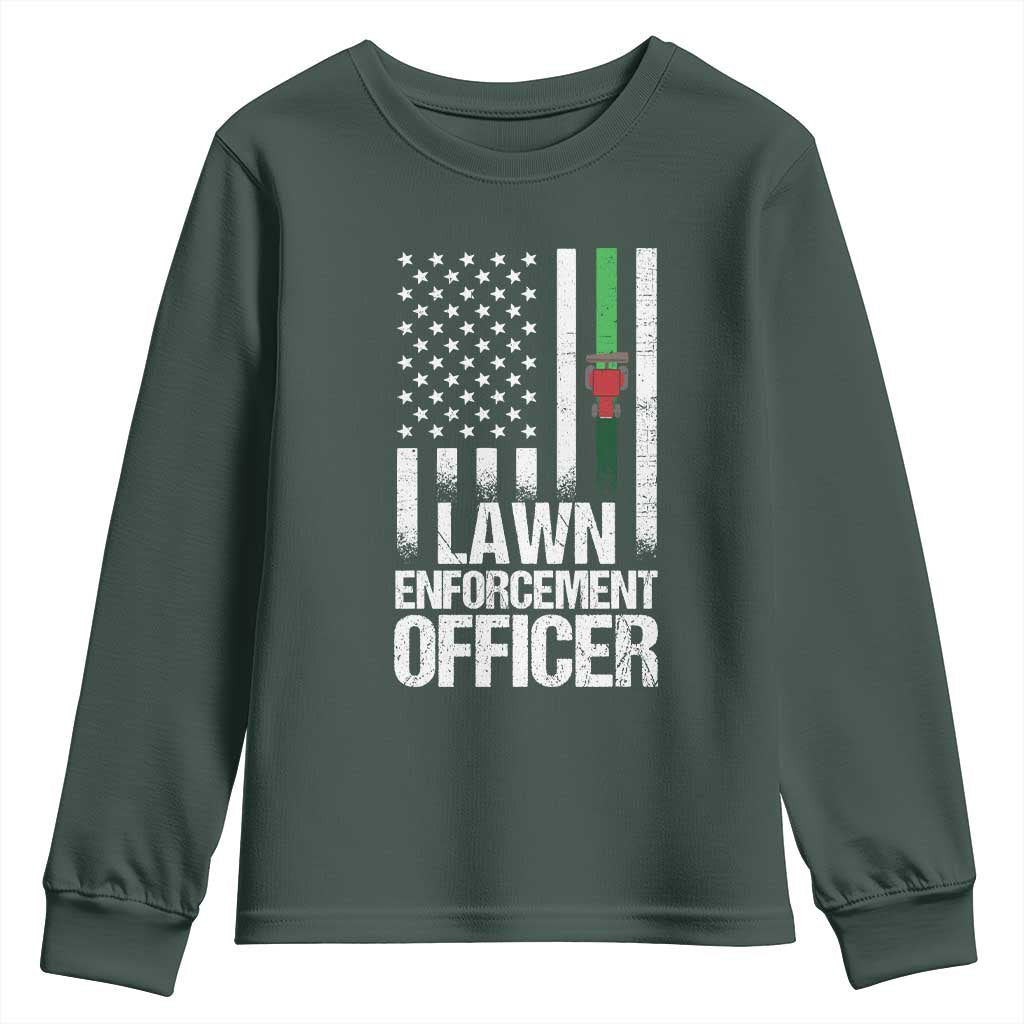 Funny Lawn Enforcement Officer Youth Sweatshirt Gardening Lawn Mower American Flag TS11 Dark Forest Green Print Your Wear