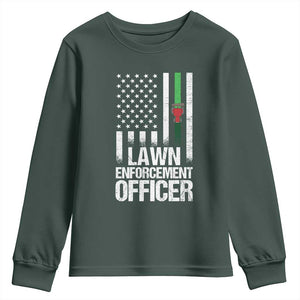 Funny Lawn Enforcement Officer Youth Sweatshirt Gardening Lawn Mower American Flag TS11 Dark Forest Green Print Your Wear