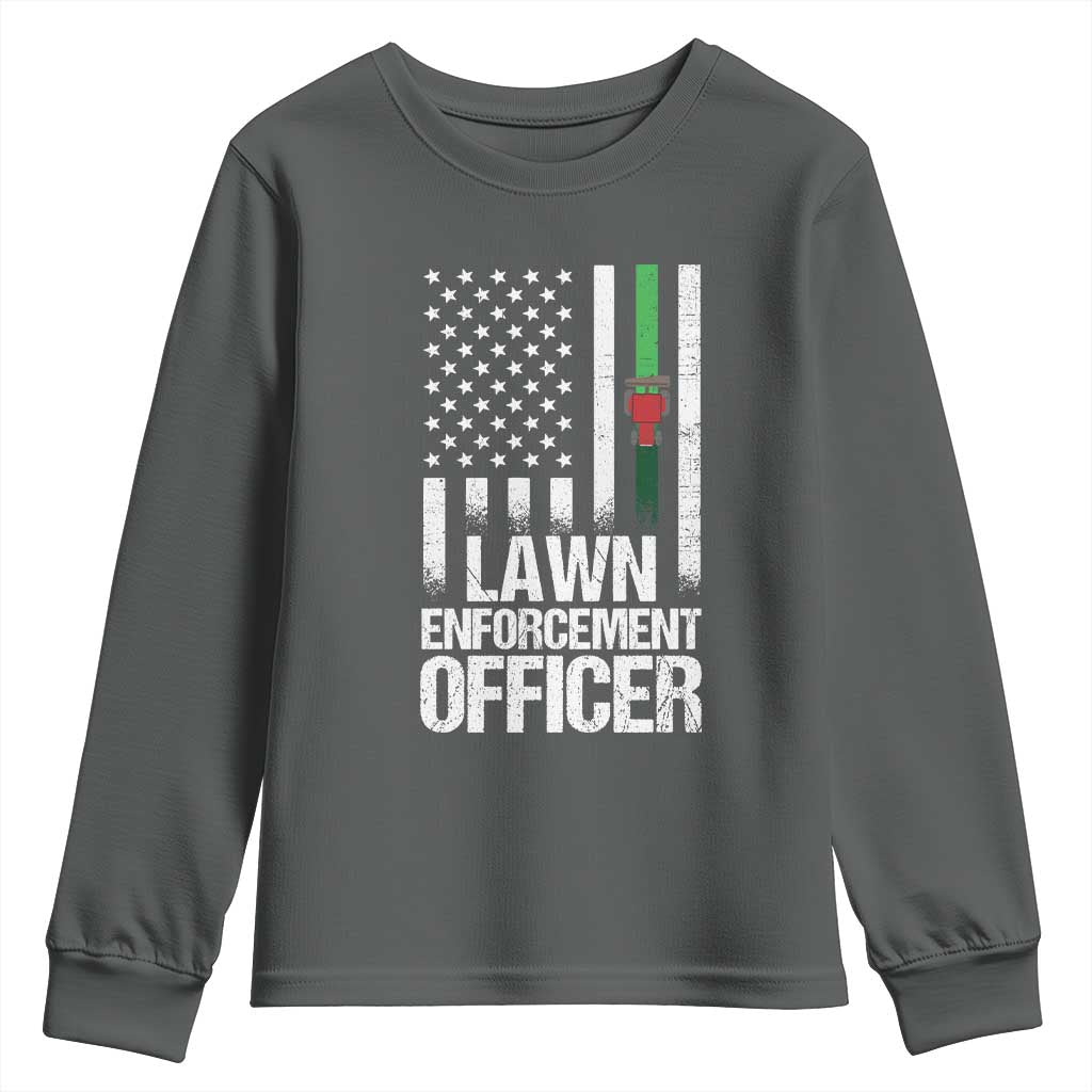 Funny Lawn Enforcement Officer Youth Sweatshirt Gardening Lawn Mower American Flag TS11 Dark Heather Print Your Wear
