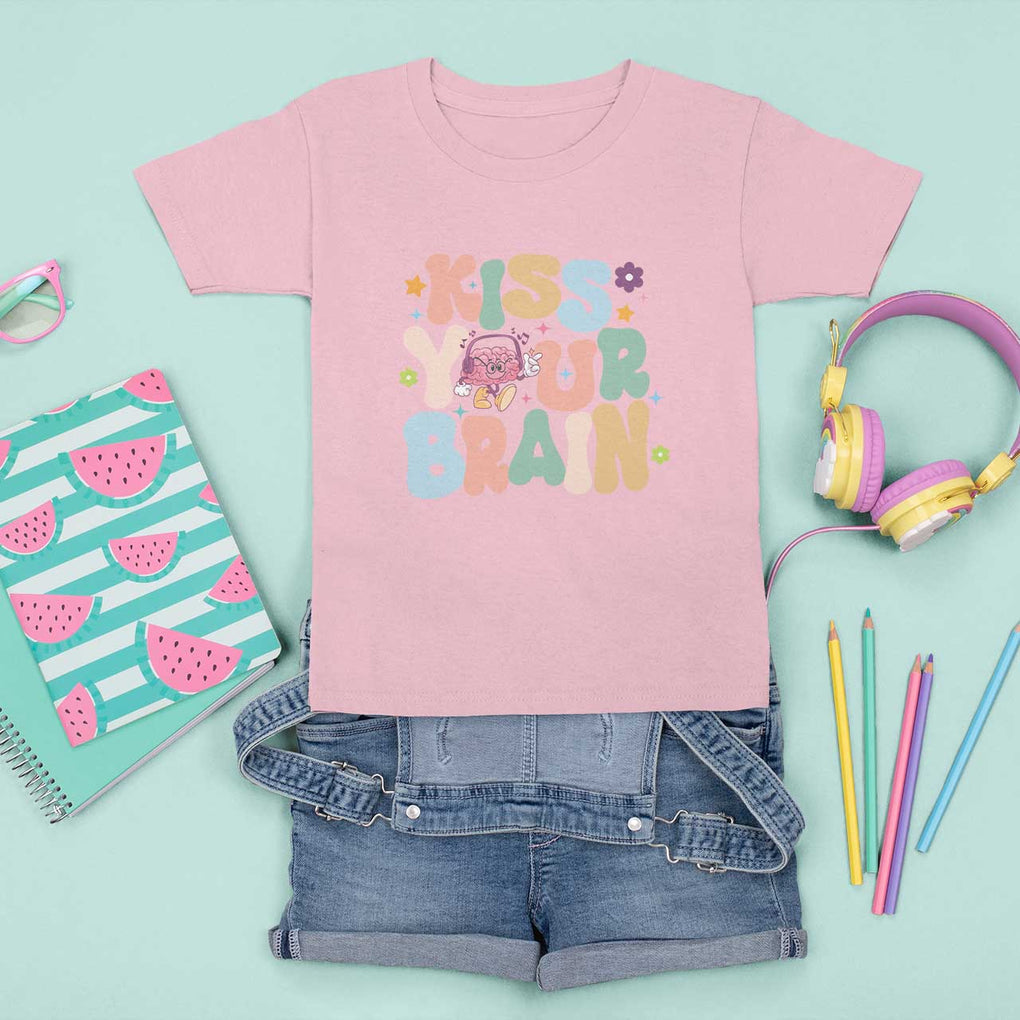 Funny Special Education Teacher T Shirt For Kid Kiss Your Brain Retro Groove Flower Star TS11 Light Pink Print Your Wear