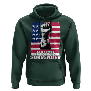 Trump Presient Never Surrender 2024 Hoodie US Flag Raised Fist TS11 Dark Forest Green Print Your Wear