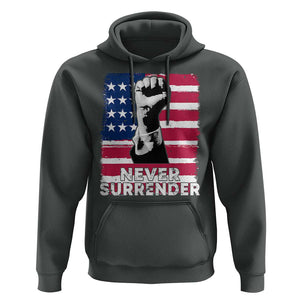 Trump Presient Never Surrender 2024 Hoodie US Flag Raised Fist TS11 Dark Heather Print Your Wear