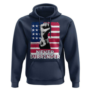 Trump Presient Never Surrender 2024 Hoodie US Flag Raised Fist TS11 Navy Print Your Wear