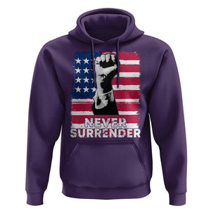 Trump Presient Never Surrender 2024 Hoodie US Flag Raised Fist TS11 Purple Print Your Wear