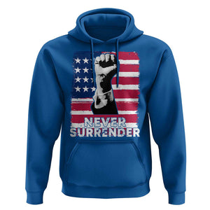 Trump Presient Never Surrender 2024 Hoodie US Flag Raised Fist TS11 Royal Blue Print Your Wear