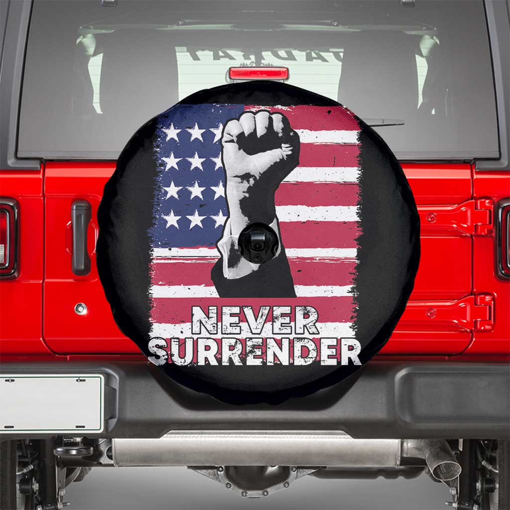 Trump Presient Never Surrender 2024 Spare Tire Cover US Flag Raised Fist TS11 Black Print Your Wear