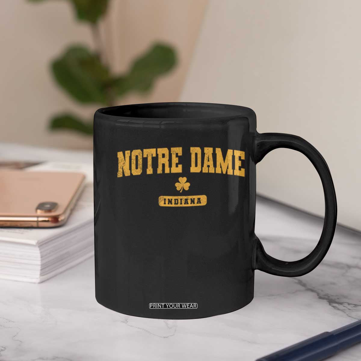 Notre Dame Indiana Coffee Mug Vintage Varsity Sports IN State Gold Shamrock