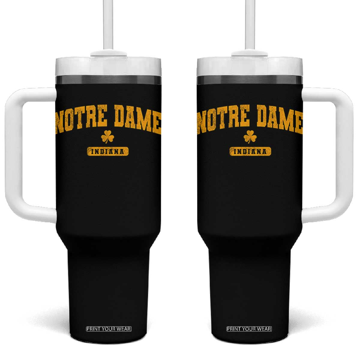 Notre Dame Indiana Tumbler With Handle Vintage Varsity Sports IN State Gold Shamrock