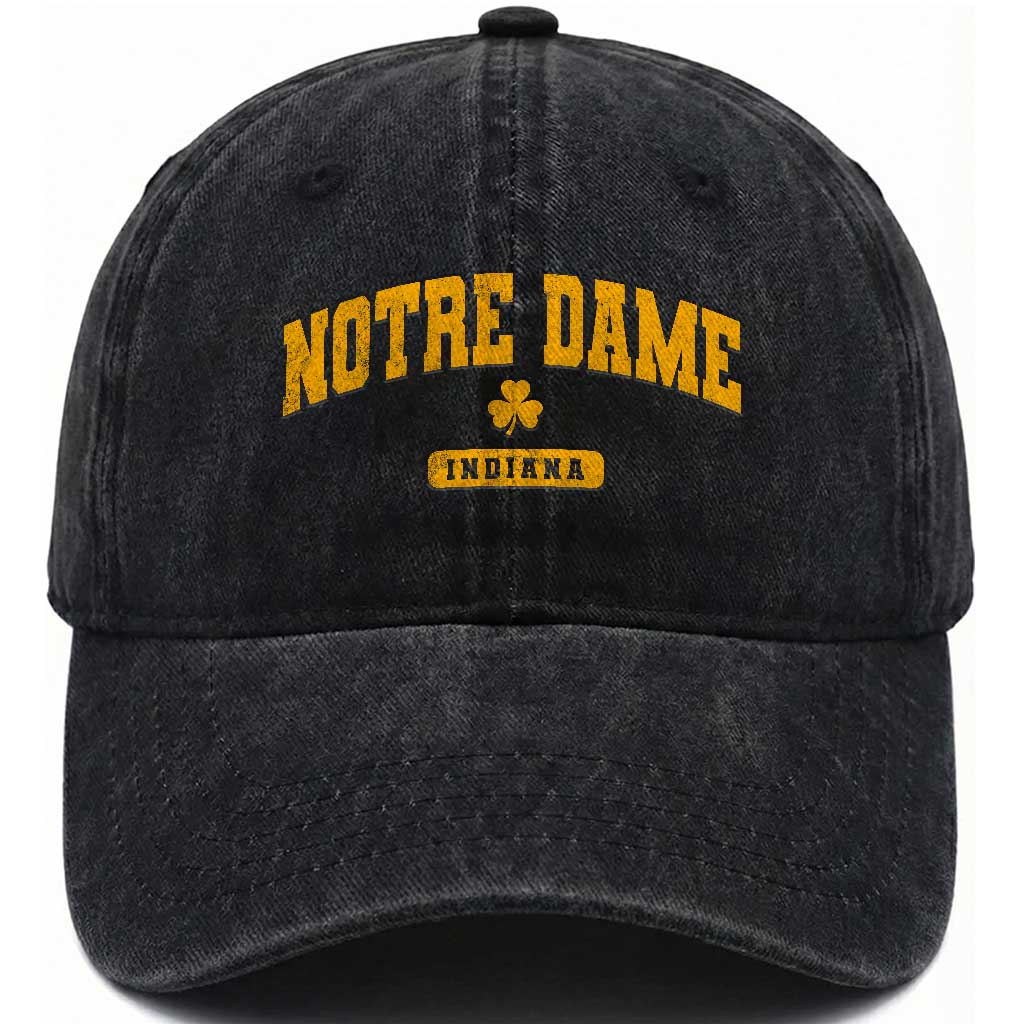 Notre Dame Indiana Washed Cotton Baseball Cap Vintage Varsity Sports IN State Gold Shamrock TS11 Print Your Wear